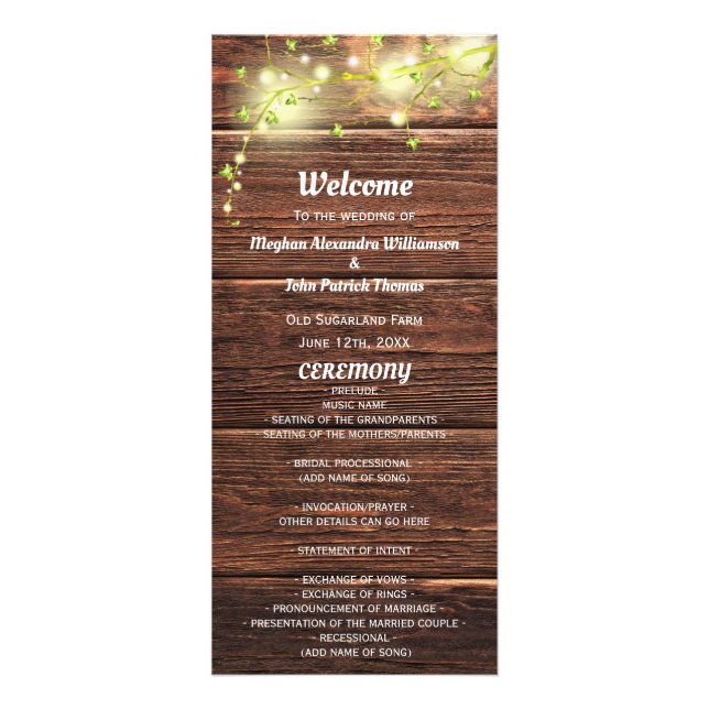 Rustic Country Mason Jar Lights Wedding Program Rack Card (Front)