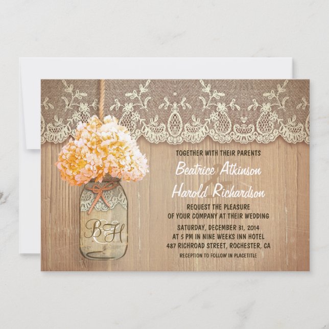 rustic country mason jar peach hydrangea wedding invitation (Front)