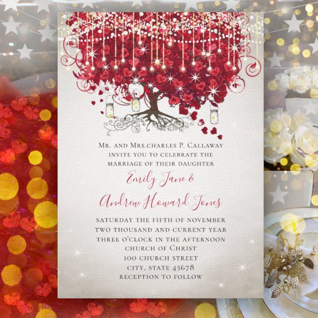 Rustic Country Mason Jar Red & Silver Tree Wedding Invitation (Creator Uploaded)