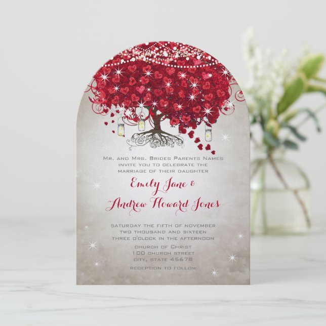 Rustic Country Mason Jar Red  Silver Tree Wedding Invitation (Standing Front)