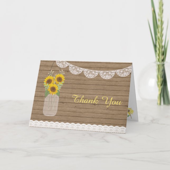 Rustic Country Mason Jar Sunflower Wedding Thank Thank You Card (Front)