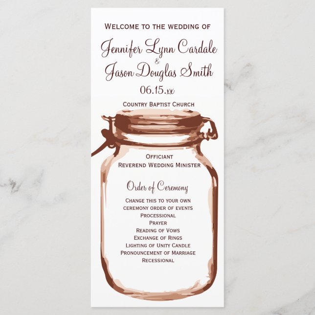 Rustic Country Mason Jar Wedding Program No Ushers Programme (Front)