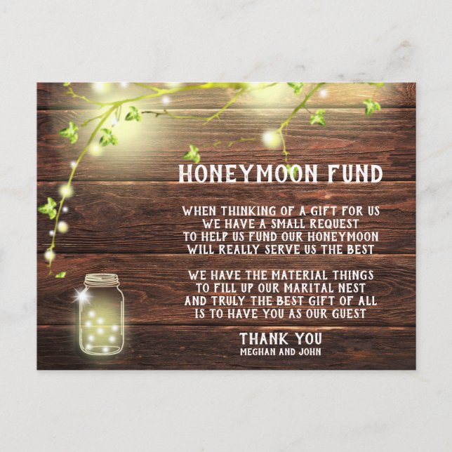 Rustic Country Mason String Lights Honeymoon Fund Postcard (Front)