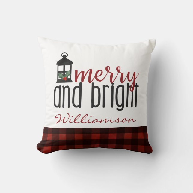 Rustic Country Merry and Bright Christmas Name  Cushion (Front)