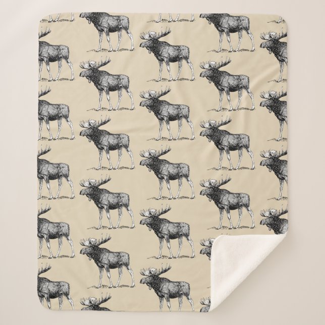 Rustic Country Moose Illustration & Taupe Sherpa Blanket (Front)