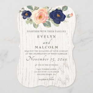 Rustic Country Navy Blue and Peach Floral Wedding Invitation