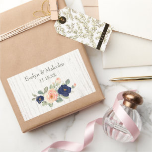 Rustic Country Navy Blue and Peach Floral Wedding Rectangular Sticker