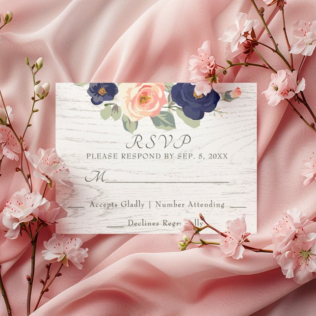 Rustic Country Navy Blue and Peach Floral Wedding RSVP Card (Creator Uploaded)