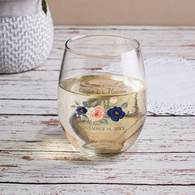 Rustic Country Navy Blue and Peach Floral Wedding Stemless Wine Glass (Creator Uploaded)