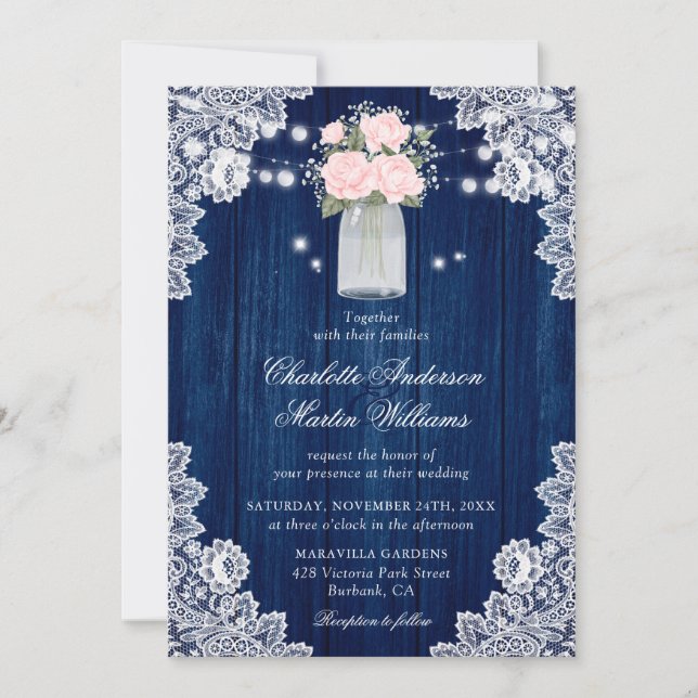 Rustic Country Navy Blue Blush Wood Lace Wedding Invitation (Front)