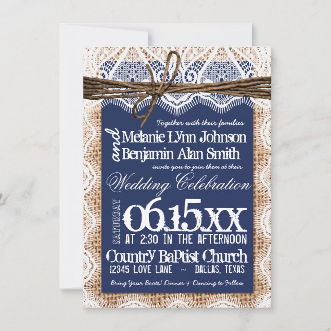 Rustic Country Navy Blue Burlap Wedding Invitation (Front)