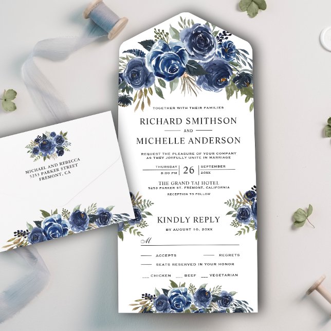 Rustic Country Navy Blue Floral Bouquet Wedding All In One Invitation (Creator Uploaded)