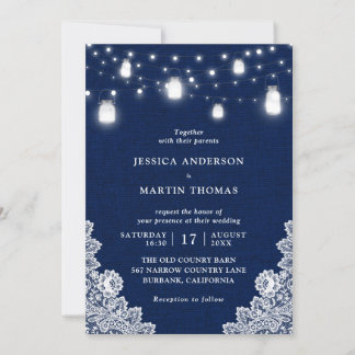 Rustic Country Navy Blue Mason Jar Lights Wedding  Invitation