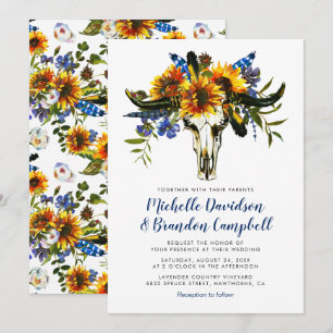 Rustic Country Navy Blue Sunflower Boho Wedding Invitation