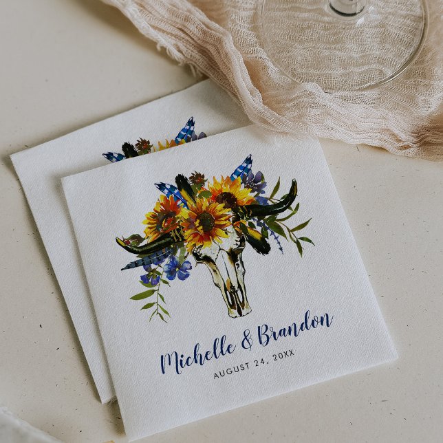 Rustic Country Navy Blue Sunflower Boho Wedding Napkin (Creator Uploaded)