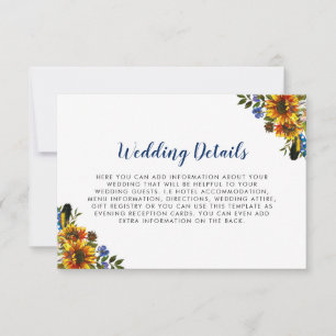 Rustic Country Navy Blue Sunflower Wedding Details Invitation