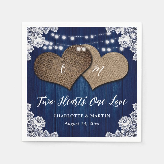 Rustic Country Navy Blue Wood Burlap Lace Wedding Napkin (Front)