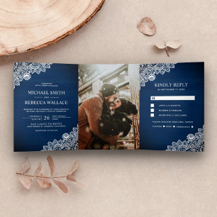 Rustic Country Navy Blue Wood Lace Wedding Photo Tri-Fold Invitation