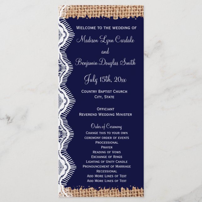 Rustic Country Navy Burlap Print Wedding Programs Programme (Front)