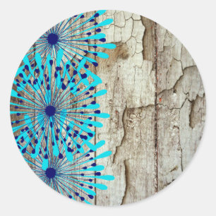 Rustic Country Old Barn Wood Teal Blue Flowers Classic Round Sticker