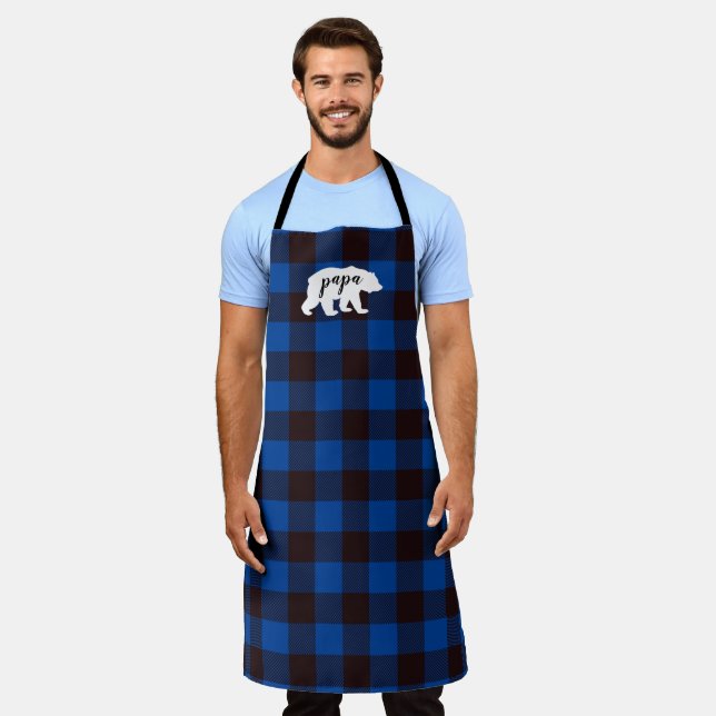 Rustic Country Papa Bear Blue & Black Plaid Apron (Worn)