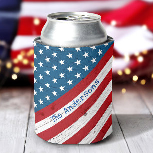 Rustic Country Patriotic Stars Stripes USA Flag Can Cooler
