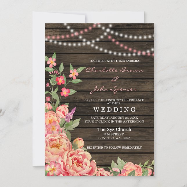 Rustic Country Peony Barn Wood Wedding Invitation (Front)