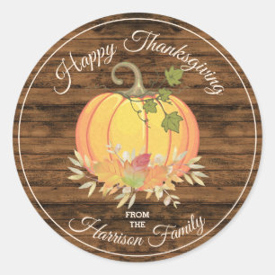 Rustic Country Personalised Happy Thanksgivng Classic Round Sticker