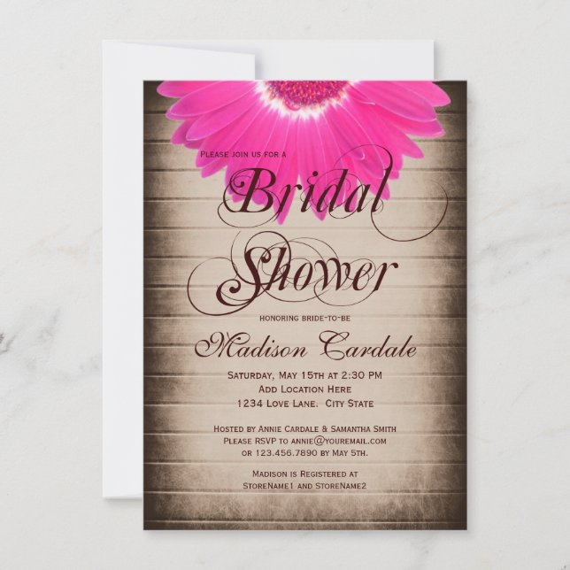 Rustic Country Pink Daisy Bridal Shower Invitation (Front)