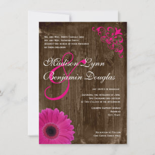 Rustic Country Pink Daisy Wood Wedding Invitations