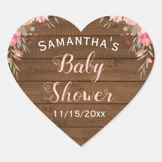 Rustic Country Pink Floral Baby Shower Favour Heart Sticker (Front)