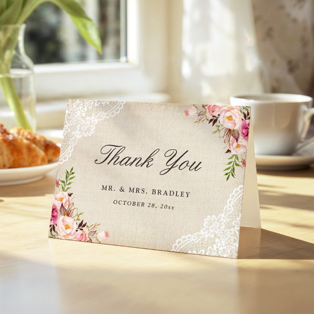 Rustic Country Pink Floral Burlap Lace Thank You Card (Creator Uploaded)