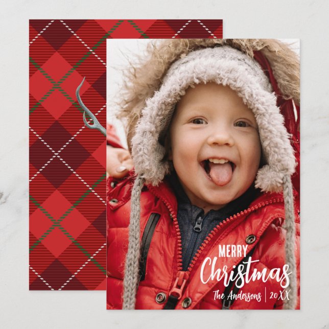 Rustic Country Plaid Merry Christmas Family Photo Holiday Card (Front/Back)