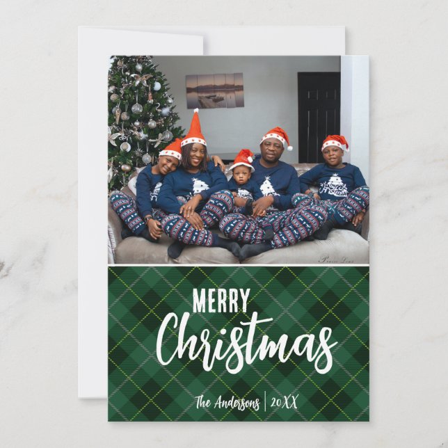 Rustic Country Plaid Merry Christmas Family Photo Holiday Card (Front)