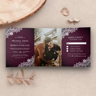 Rustic Country Plum Purple Wood Lace Wedding Photo Tri-Fold Invitation