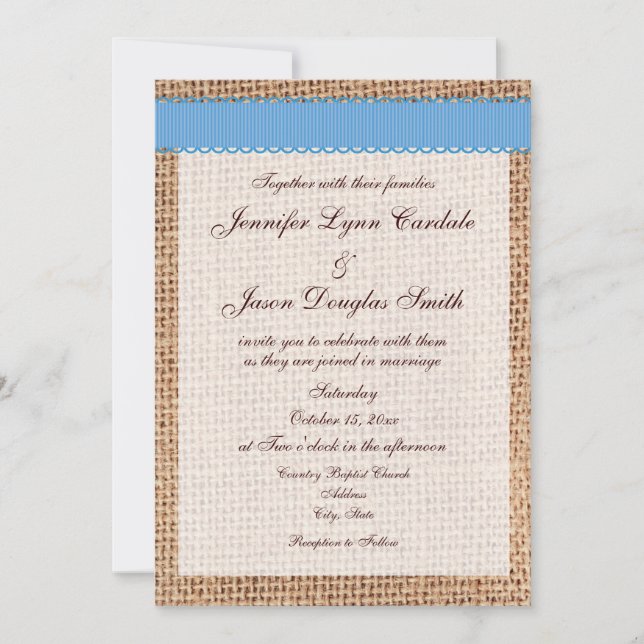 Rustic Country Printed Burlap Blue Ribbon Wedding Invitation (Front)