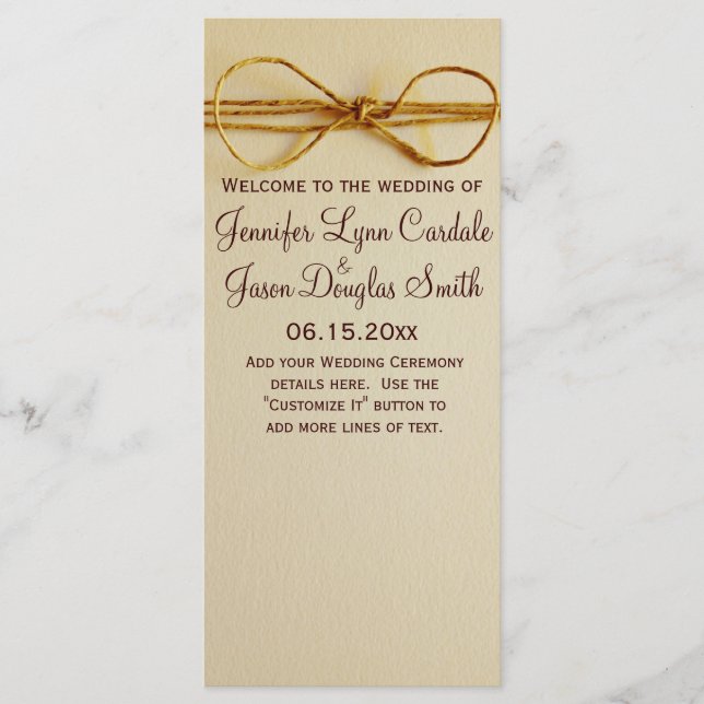 Rustic Country Printed Twine Bow Wedding Program Programme (Front)