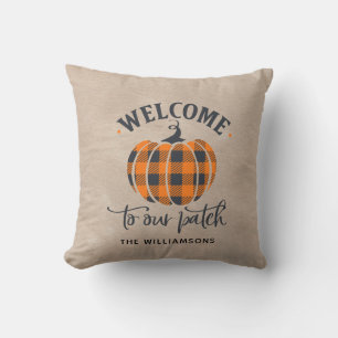 Rustic Country Pumpkin Fall Family Name  Cushion