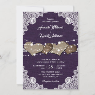 Rustic Country Purple Burlap Lace Wedding Invitation