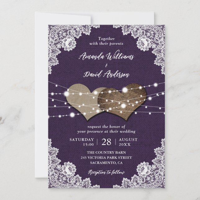Rustic Country Purple Burlap Lace Wedding Invitation (Front)