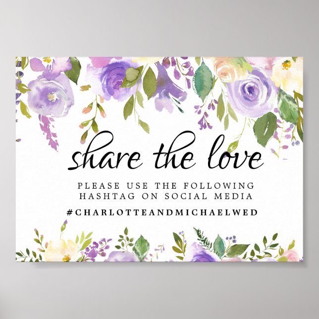 Rustic Country Purple Floral Wedding Hashtag Sign (Front)