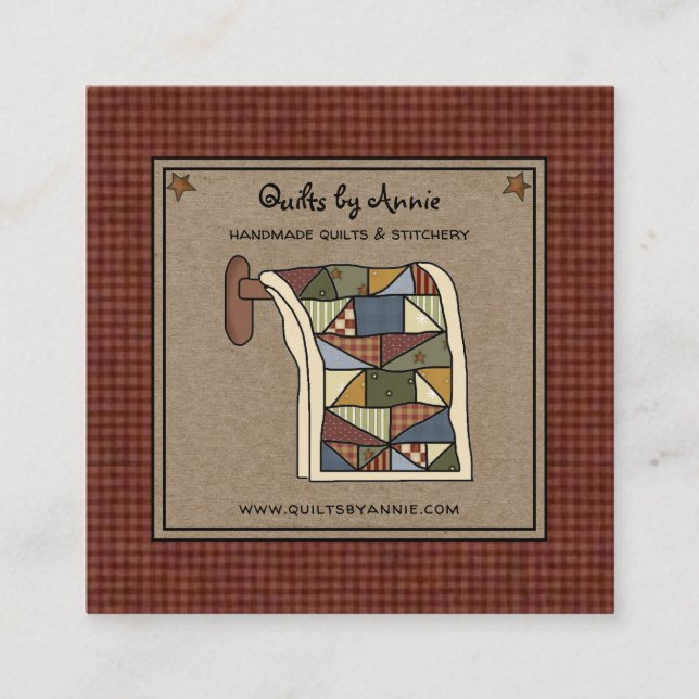 Rustic Country Quilter Stitcher Handmade Crafter Square Business Card (Front)