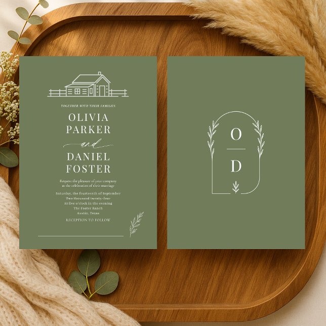 Rustic Country Ranch Line Art Olive Green Wedding Invitation (Creator Uploaded)