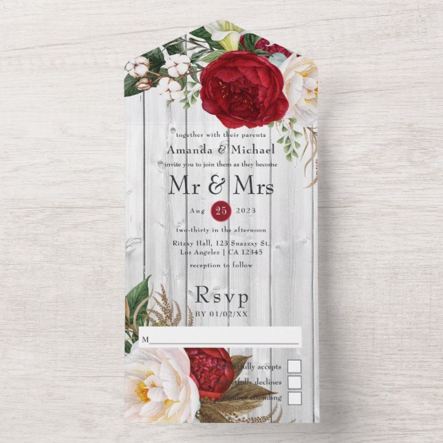 Rustic Country Red and White Boho Floral Wedding All In One Invitation (Inside)