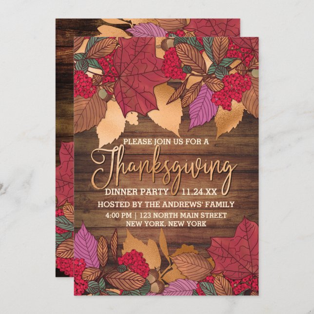 Rustic Country Red Brown Fall Leaves Thanksgiving Invitation (Front/Back)