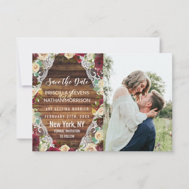Rustic Country Red Ivory Floral Lace Wood Save The Date (Front)
