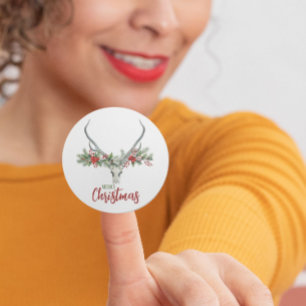 Rustic Country Reindeer Skull & Garland Christmas Classic Round Sticker