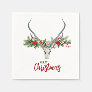 Rustic Country Reindeer Skull & Garland Christmas Napkin