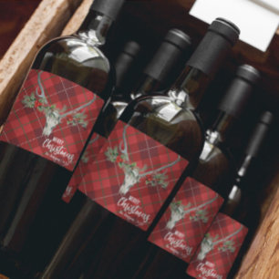 Rustic Country Reindeer Skull & Garland Christmas Wine Label