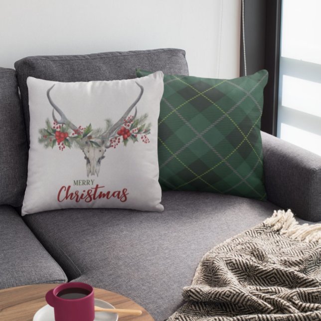 Rustic Country Reindeer Skull Plaid Christmas Cushion (Creator Uploaded)